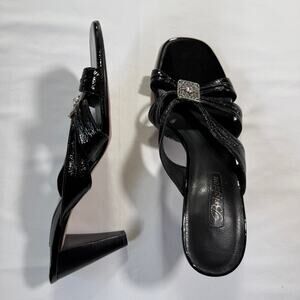 Brighton Black Patent Leather Wedge Heels with Silver Crystal Buckle Sz 10